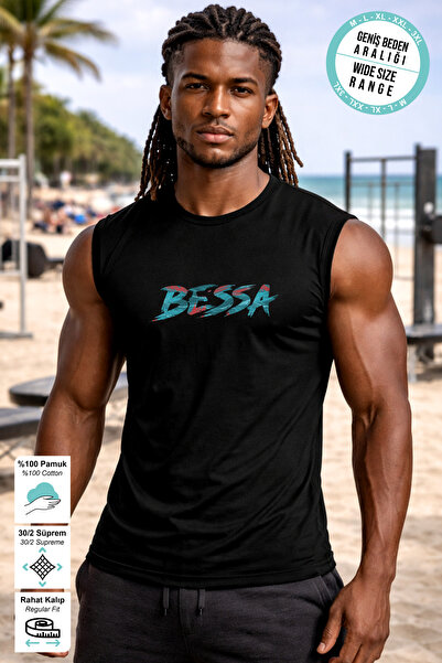 BESSA Black Printed Crew Neck Sports Athlete T-Shirt Premium Thick Cotton Sin...