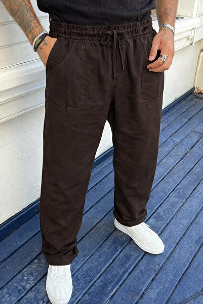 DAMGA JEANS Ανδρικό λινό παντελόνι με ψηλή μέση και ελαστική ζώνη σε σκούρο κ...