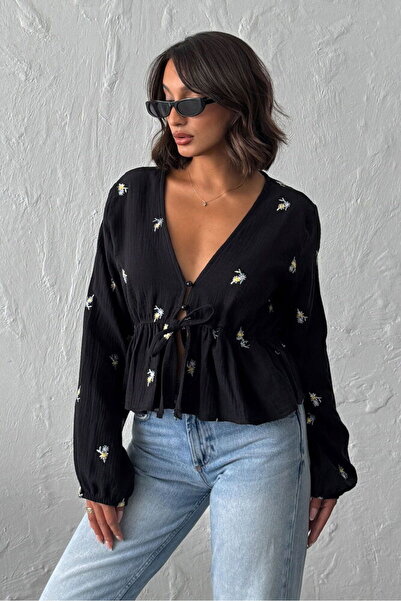 VERYMODA بلوزة مربوطة بتفاصيل مطرزة - أسود |   F1992