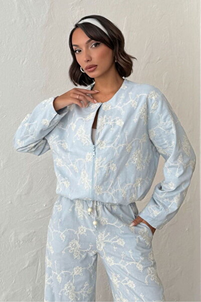 VERYMODA Floral Embroidered Zippered Jacket - Blue |   F1948