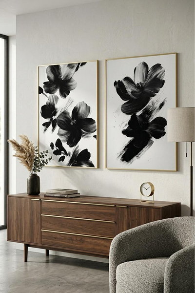 Linacci Gold Metal Framed Set of 2 Black and White Abstract Floral Modern Liv...