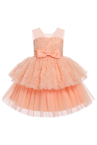 Dotail ABEHIK Girls' Dress, Sleeveless, Tulle, 3D Flowers, Bow, Coral, 110 cm