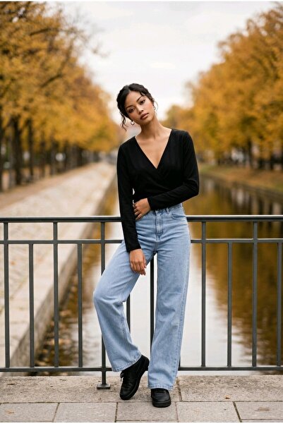 hies JEANS - PANTALONI LYCRA TIP PALAZZO CU GĂRĂ LĂRGĂ, ALBASTRU GHEAȚĂ