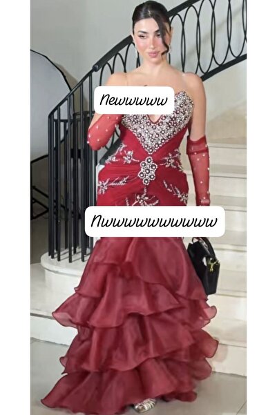 NALA FASHION Luxury Embroidery Silver Evening Dress Burgundy