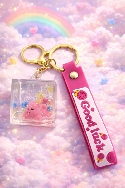 KZNovaStyle Kawaii Pink Teddy Bear Water-Based Keychain – Glittery Transparen...