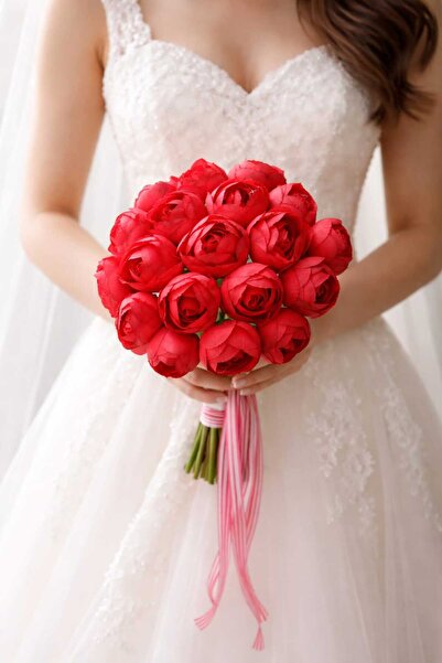 Acarflowers KIRMIZI ŞAKAYIK GELİN BUKETİ (19 ADET) +YAKA ÇİÇEĞİ HEDİYE