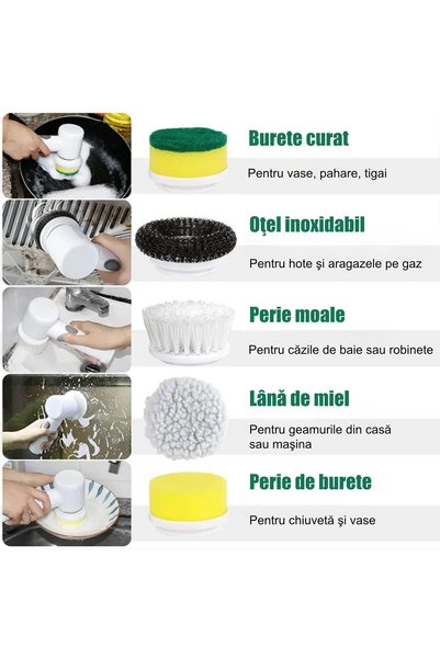 TRUE MARK - Perie Electrică Rotativă Baie, Mâner Telescopic, 180°, Capete Interschimbabile, Alb