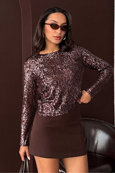 VERYMODA Μακρυμάνικη μπλούζα με παγιέτες και λαμπερές βελονιές - Σκούρο καφέ ...