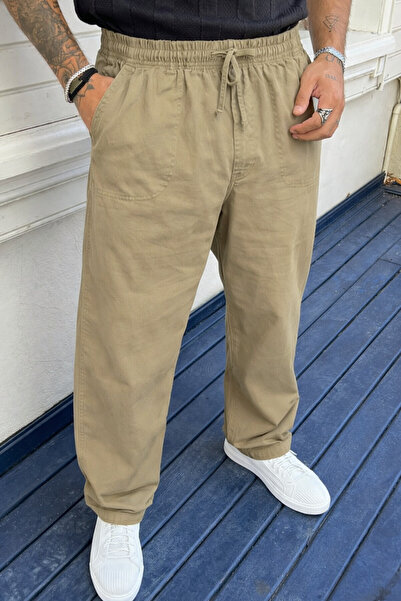 DAMGA JEANS Men's High Waist Elastic Beige Linen Trousers