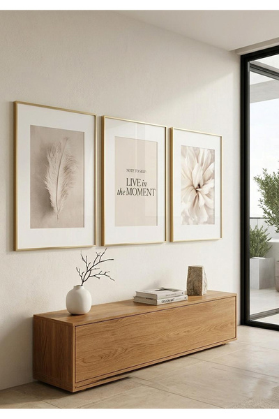 Linacci Gold Metal Framed 3-Piece Beige and White Toned Minimalist Wall Decor...