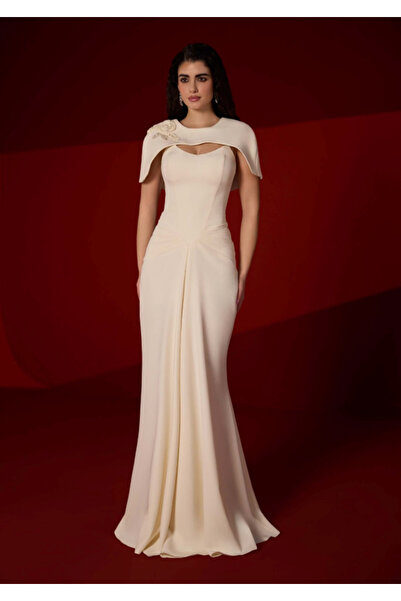 ALİN OMUZ PELERİN DETAYLI DRAPE ETEKLİ ŞIK UZUN ABİYE ELBİSE