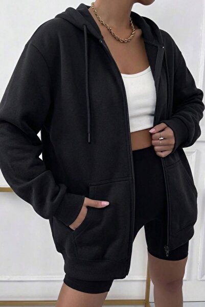 Mood Lab Μαύρο φούτερ με κουκούλα, φερμουάρ και τσέπες Kangru, σε φαρδιά γραμμή