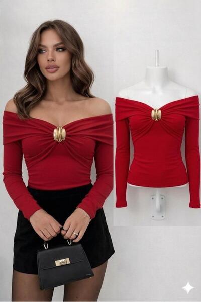 peri tower Women's Gold Buckle Boat Neck Sandy Long Sleeve Blouse 0072