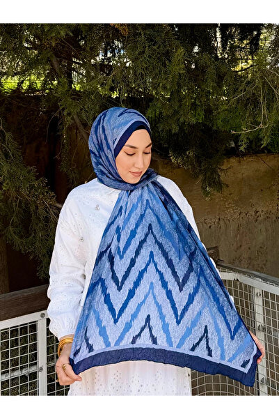 MetuCA Women's Blue Navy Blue Zigzag Patterned Soft Textured Cotton Bamboo Shawl