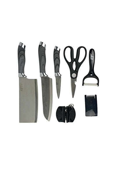 OEM 6-piece Damascus kitchen knife set, scissors, sharpener, cleaner, black