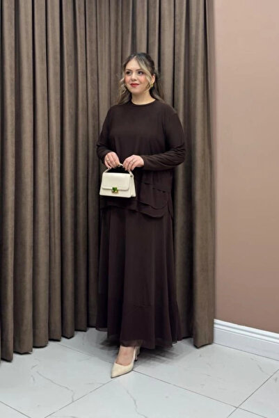 DEFNECE BUTİK Chiffon Detailed Skirt Suit - Brown