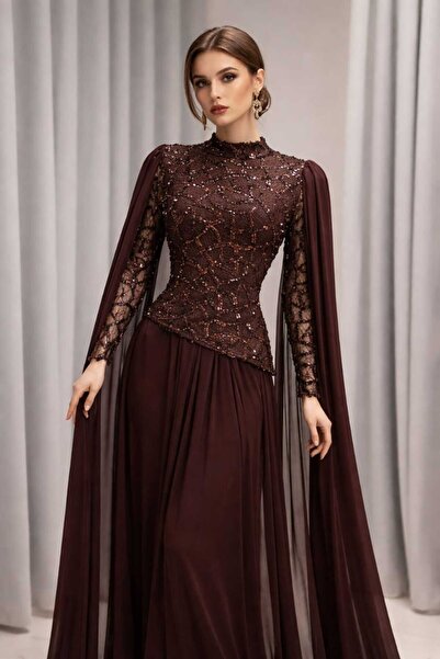 hawaa closet فستان بني فاخر يجمع بين الأناقة والرقي، بتفاصيل دانتيل مطرزة ولم...