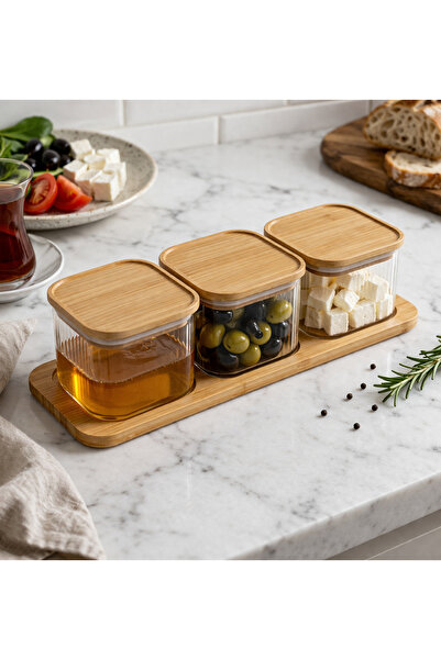 Home bambu standlı 3'lü bambu kapaklı kahvaltılık