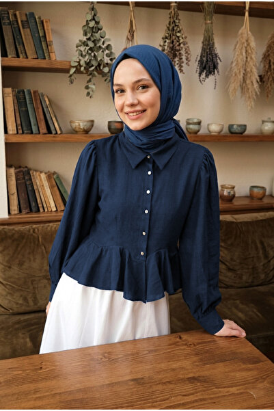 MODAQU Stone Button Detailed Flounce Modal Shirt Blouse - Navy Blue