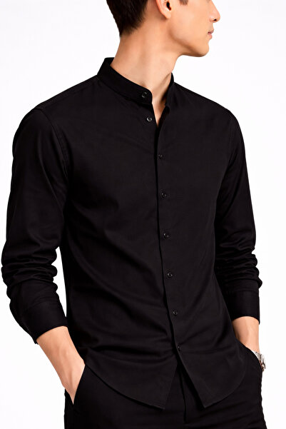 ARMY STORE Men's Elegant Black Shirt – Tunic Collar Casual Modern - XXL