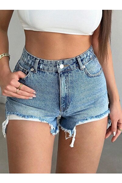 komera Women's High-Waisted Snow-Washed Ripped Detail Denim Shorts