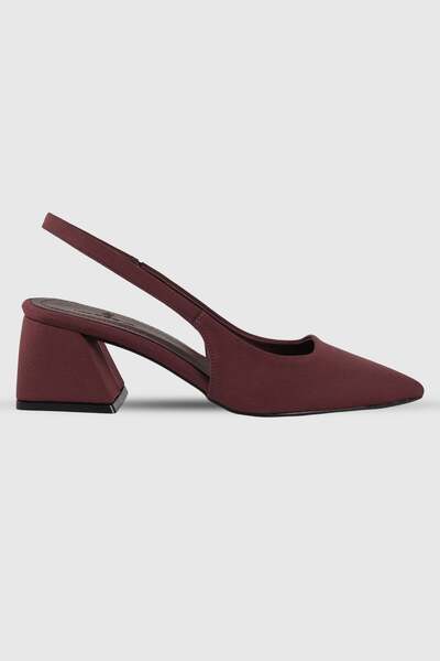 Modezya Amelia Burgundy Satin Women's Thick Heeled Shoes with Elastic Back