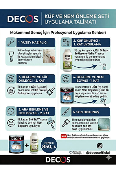 DECOS Küf ve Nem sorununa kalıcı çözüm seti 1L antimold solüsyon + 1kg nem boyası