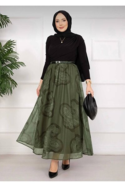 KEVRA Belted Lined Tulle Skirt - Khaki