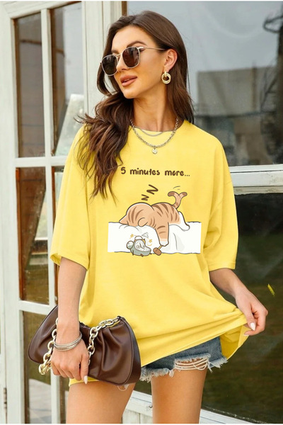 SUNFREE Trend Cat Printed Oversize Crew Neck Short Sleeve Basic Unisex Tshirt