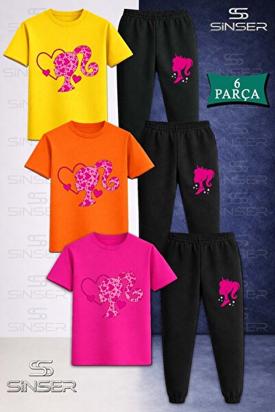 SS SİNSER Children's Unisex Princess Head Heart Patterned 3-Piece T-Shirt Tra...