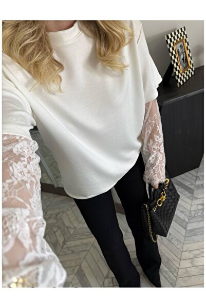 LOKADI Lace Detailed Long Sleeve Embellished Combed Cotton T-Shirt
