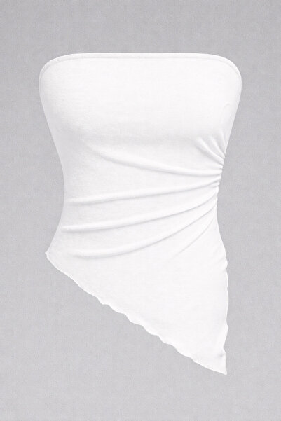 Wildco White Strapless Asymmetrical Cut Side Ruched Detailed Crop Blouse Wome...