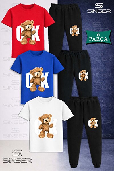 SS SİNSER Children's Unisex Bear White Printed 3-Piece T-Shirt Tracksuit Set