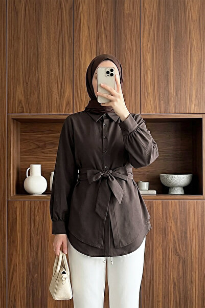 MODAQU Self-Tied Belted Buttoned Poplin Tunic - Brown