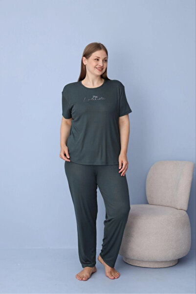 Pijamoni Women's Plus Size Dublin Fabric Short Sleeve C. Green Pajama Set