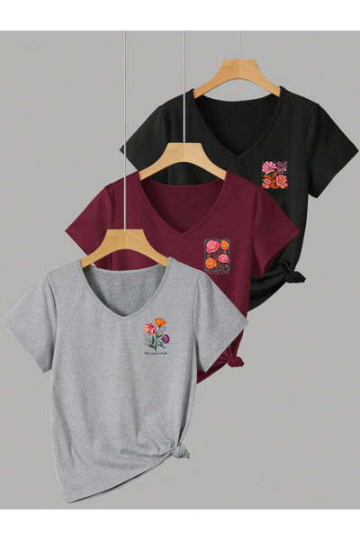 SUNFREE FLOWER FRAME Εμπριμέ γυναικείο μπλουζάκι με κοντό μανίκι V-λαιμόκοψη,...