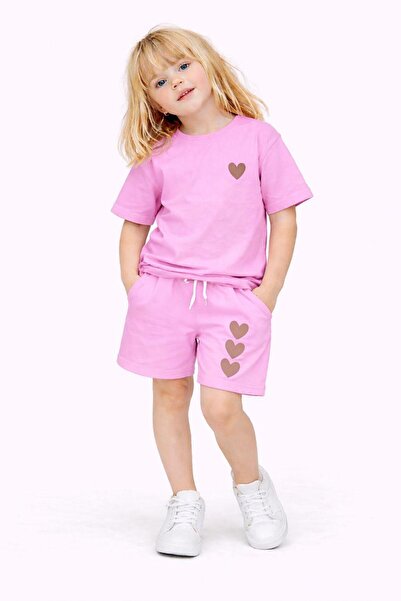 WİKİBOOM Love Written Heart Printed Shorts and Top Summer Girls' Set