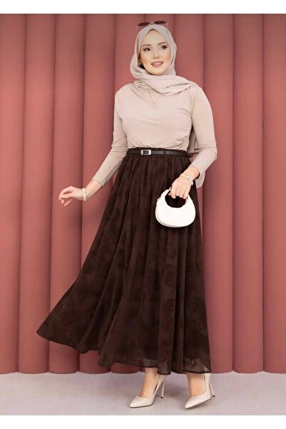 KEVRA Patterned Tulle Skirt with Belt Detail - Brown