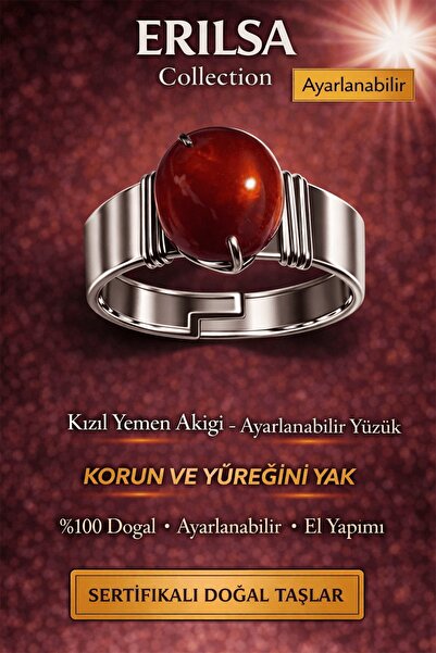 Erilsa Certified Red Yemen Agate Ring Natural Stone Adjustable Handmade Stron...