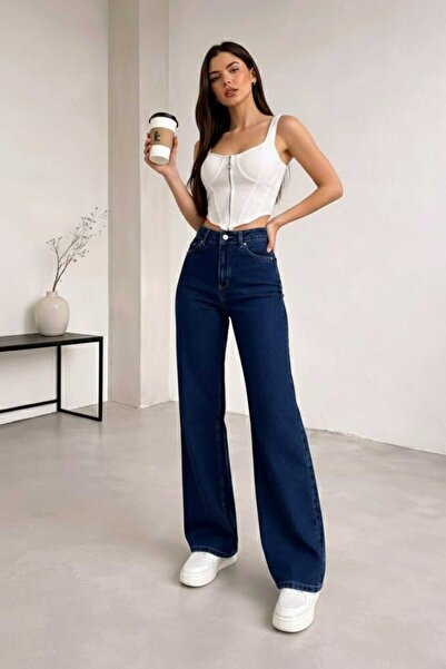 TRENDNATUREL Dark Blue Lycra Super High Waist Palazzo Loose Jean Trousers