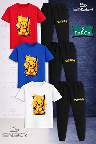 SS SİNSER Set de trening unisex pentru copii PIKHACU SARI TUVAL, 3 piese, tri...