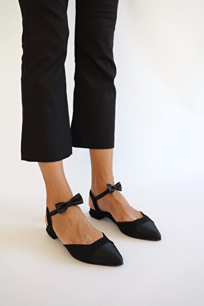 Wedo Shoes Kadın Siyah Saten Süet Detaylı Hakiki Deri İç Astarlı Fiyonklu Las...