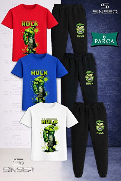 SS SİNSER Children's Unisex Hulk Printed Painted Single 3-Piece T-Shirt and T...