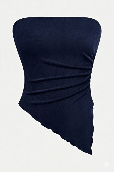 Wildco Navy Blue Strapless Asymmetrical Cut Side Ruched Detailed Crop Blouse ...