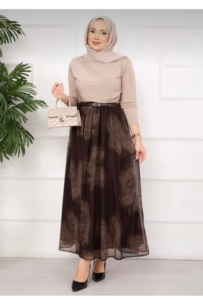KEVRA Belted Lined Tulle Skirt - Brown
