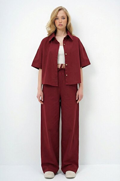 bacc Burgundy Linen Shirt and Palazzo Pants Set