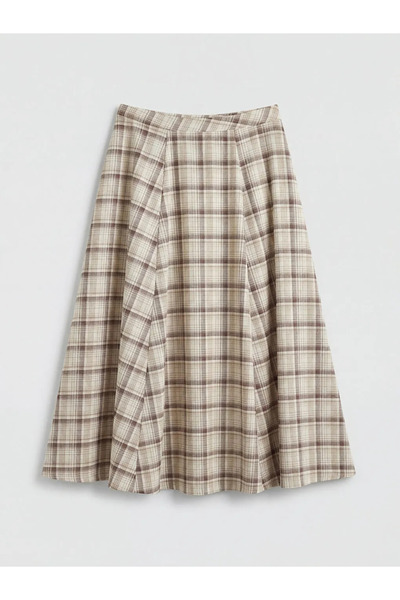 LC Waikiki LCWAIKIKI Κλασική Καφέ Καρό Φούστα με Ελαστική Μέση και Φαρδιά Γραμμή