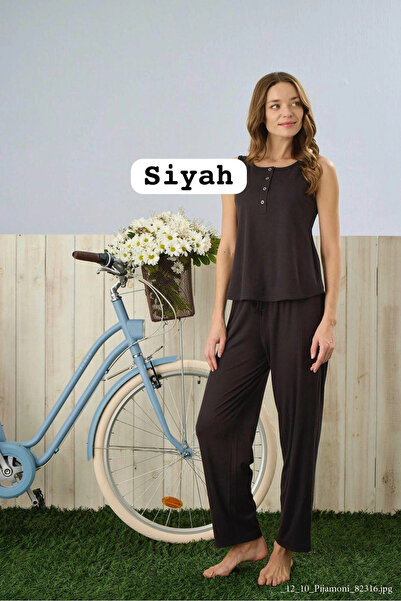 Pijamoni Women's Dublin Fabric Rope Strap Buttoned Collar Black Pajama Set