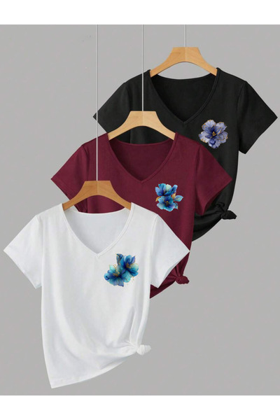 SUNFREE ΜΠΛΕ ΑΚουαρέλα ΛΟΥΛΟΥΔΙΑ Τυπωμένο Πακέτο 3 τεμαχίων Γυναικείο μπλουζά...