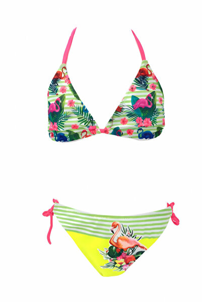 Paldeo Kız Çocuk Sarı Yeşil Flamingo Glow Desenli 6-14 Yaş Üçgen Bikini Takım...